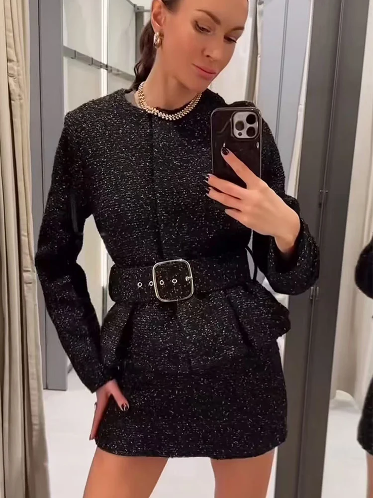 2025 Autumn Winter Women's Shorts Skirts Set Fashion Elegant Round Neck Jacket Chic Sashes Coat Commuting Texture Outfits