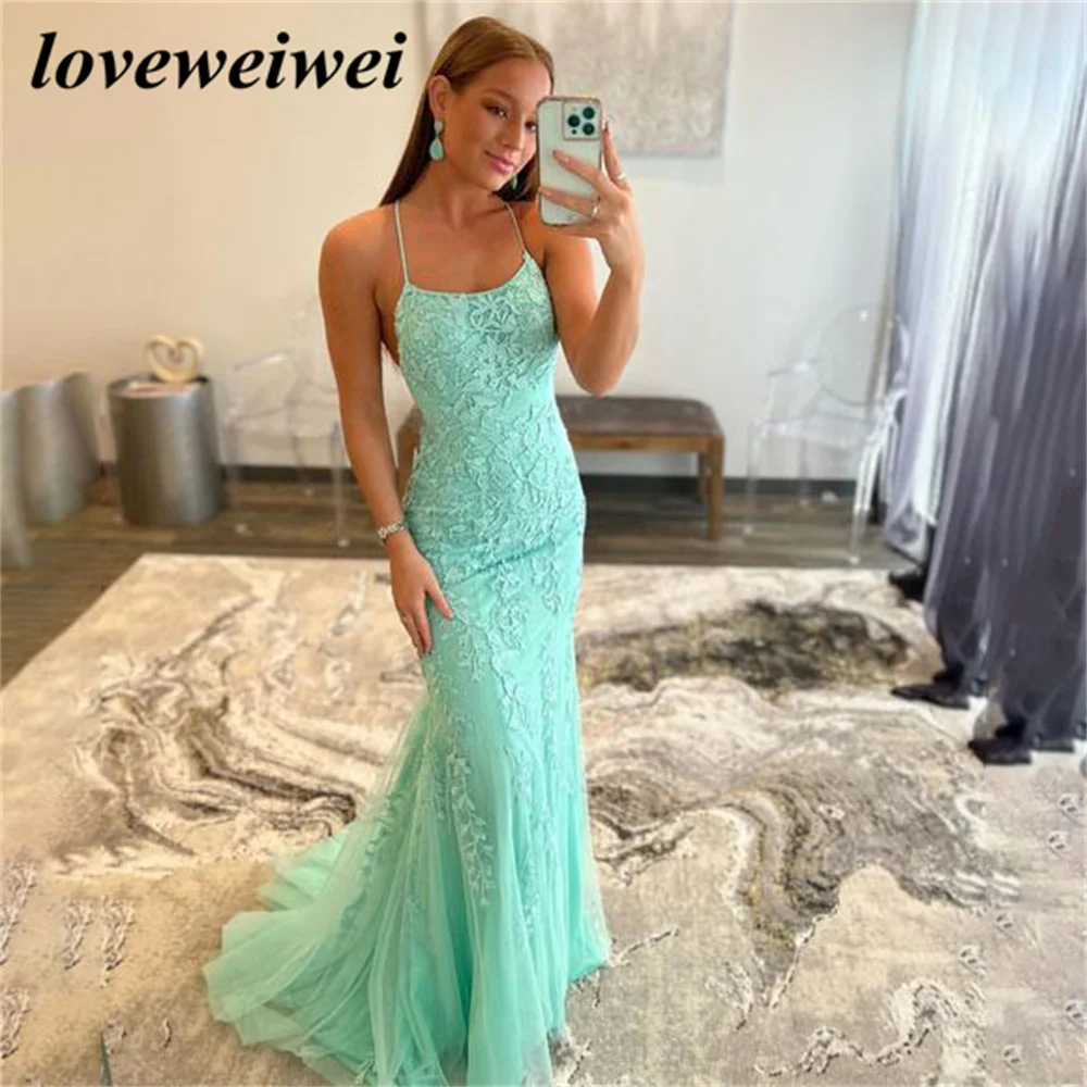 

Loveweiwei Mint Mermaid Evening Dresses Appliques Prom Dresses Trumpet Lace Backless Prom Gowns Elegant Custom Made robe de bal