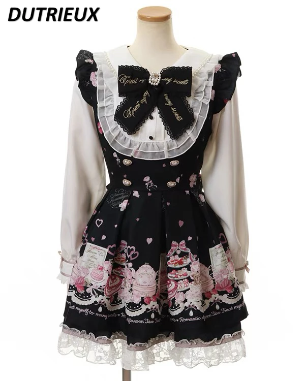 Dress Two Piece Set Liz Dress Mine Sweet Printed High Waist Long Sleeve Suit Navy Neck Dresses and Bottom Skirt