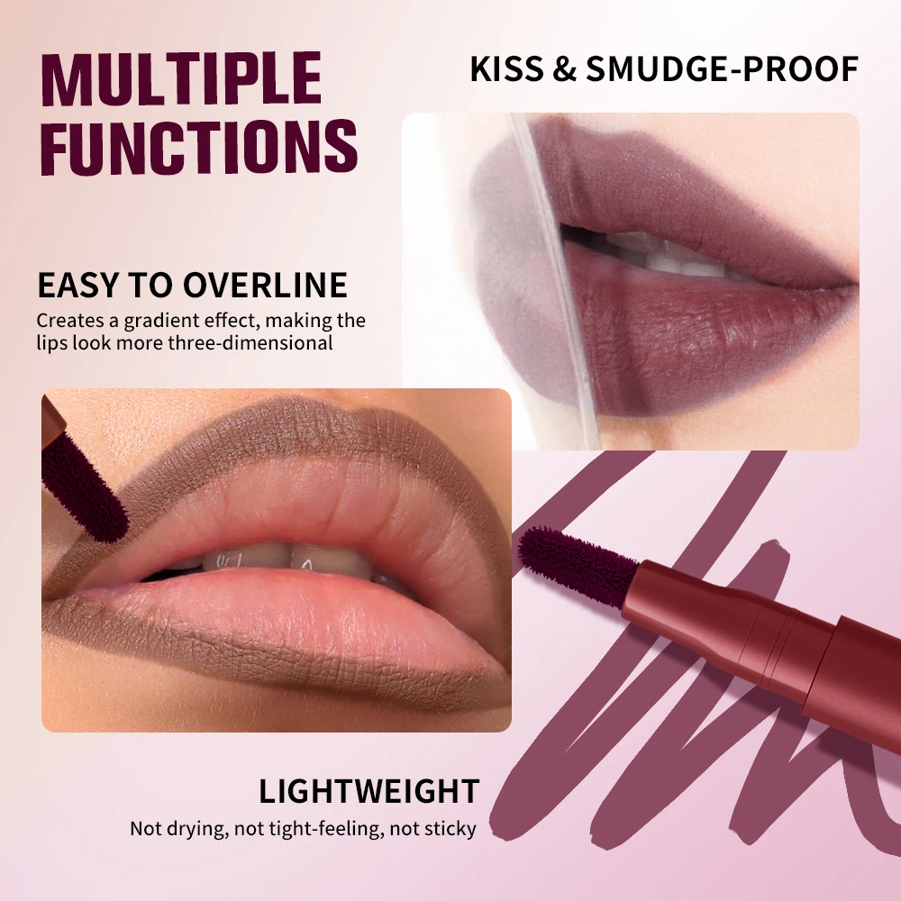 2-in-1 Lip Contour Lip Stain Pen Smudge-proof Non-stick Cup Moisturizing Makeup Cosmetic Dual-Sided Tip Stain & Liner