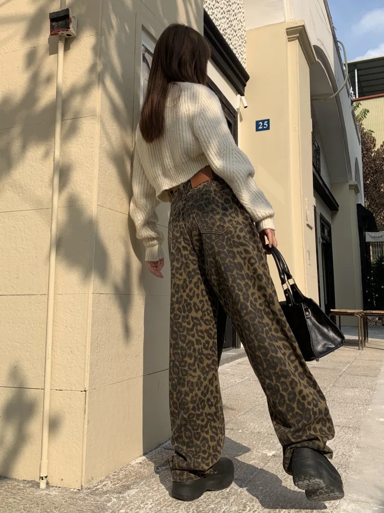 아메리칸 빈티지 레오파드 무늬 루즈 청바지, 클래식 스트레이트 하이 웨이스트 슬림 캐주얼 패션, 가을 신상