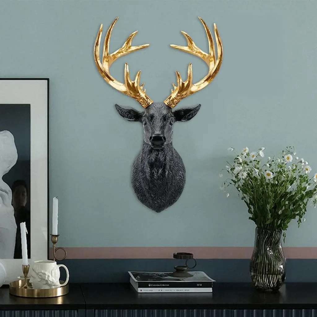 Faux Deer Head Antlers Statue Figurines Sculpture Wall Mount Bust Art Resin