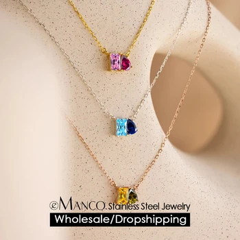 eManco Stainless Steel Square Zircon Necklaces For Women Sweet Versatile Necklace Jewelry 48 Hour Shipping