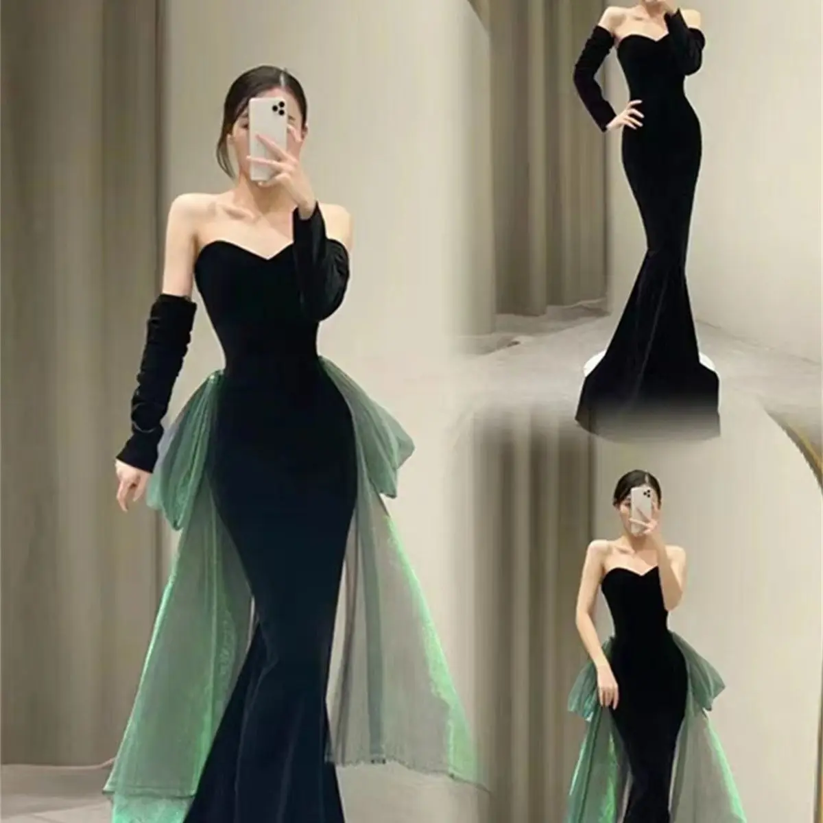 2023 Celebrity Style Evening Dress Elegant Prom Formal Party Skinny Velvet Bandeau Green Wings Vestidos فساتين مناسبة رسمية