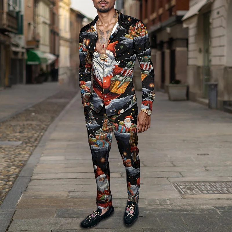 2025 Spring Summer Men Shirt Set Christmas Print Fashion Gingerbread Man Two Piece Set Mens Snowman Lightweight Party Long_viptrois.com
