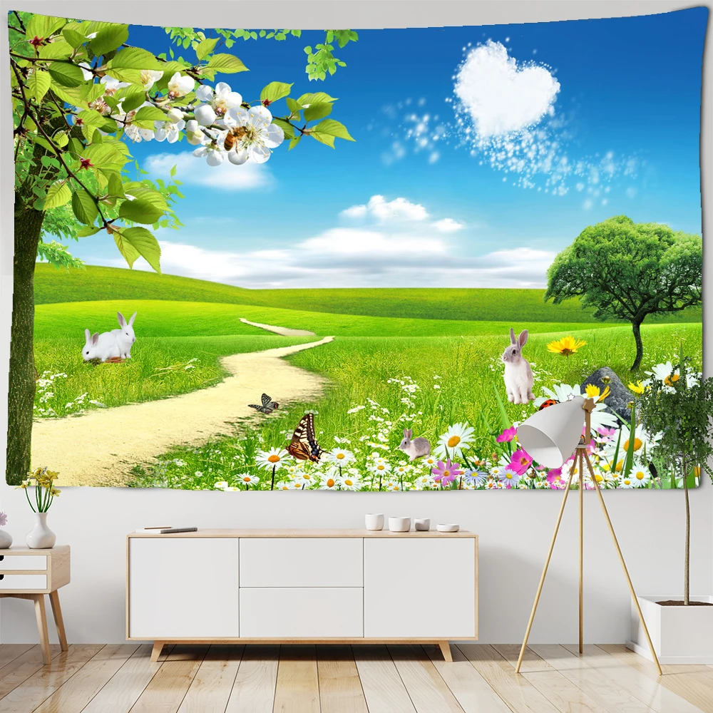 

Mountain Scenery Tapestry Spring Pastoral Flowers Psychedelic Wall Hanging Tapestry Boho Home Decor Art Wall Cloth Large Size
