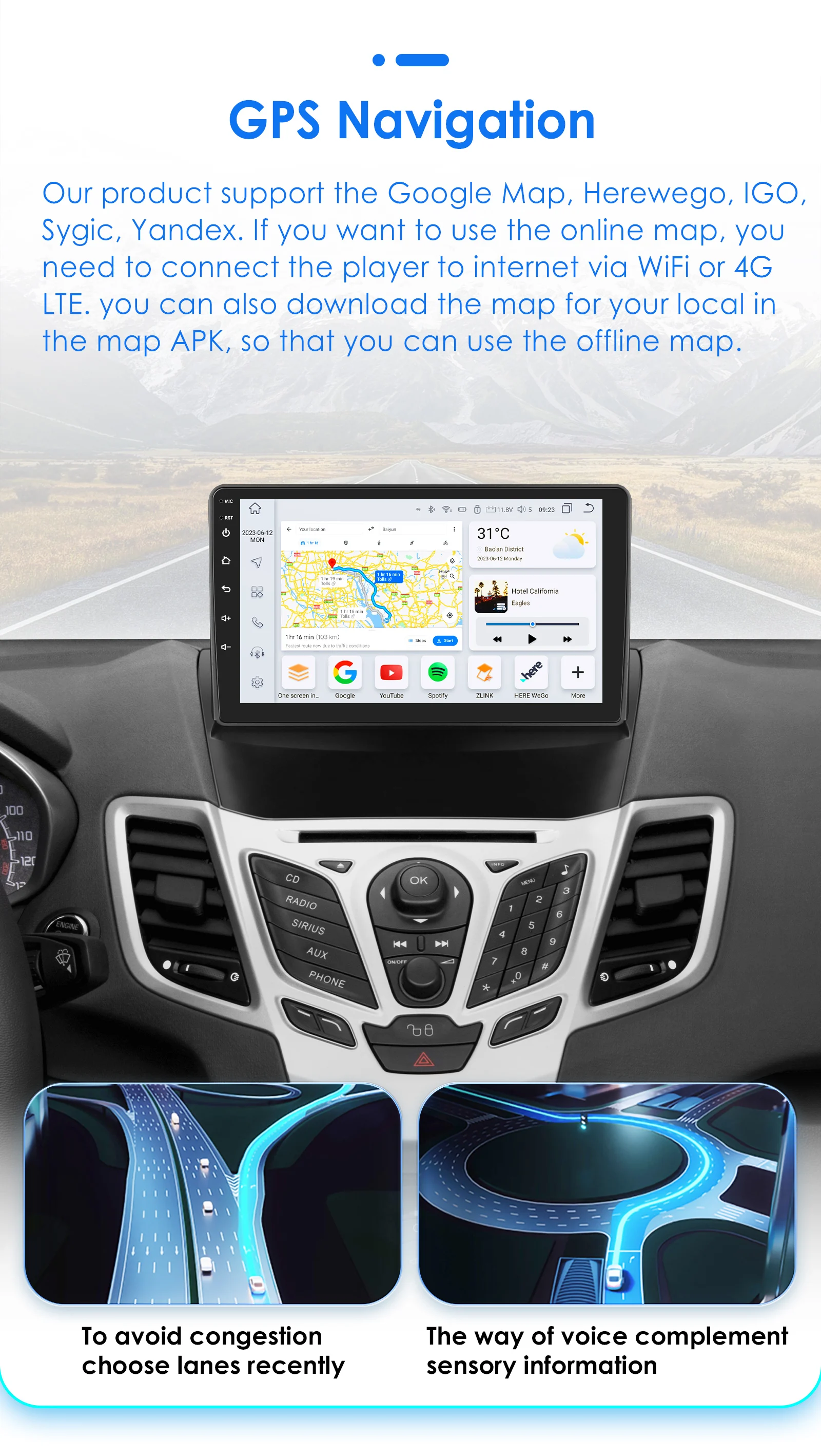 Hizpo 9 Zoll Android Autoradio für Ford Fiesta 2009–2017 Sync Multimedia DSP RDS CarPlay 4G BT GPS Navigation UIS7862 Steuergerät – Detail 31
