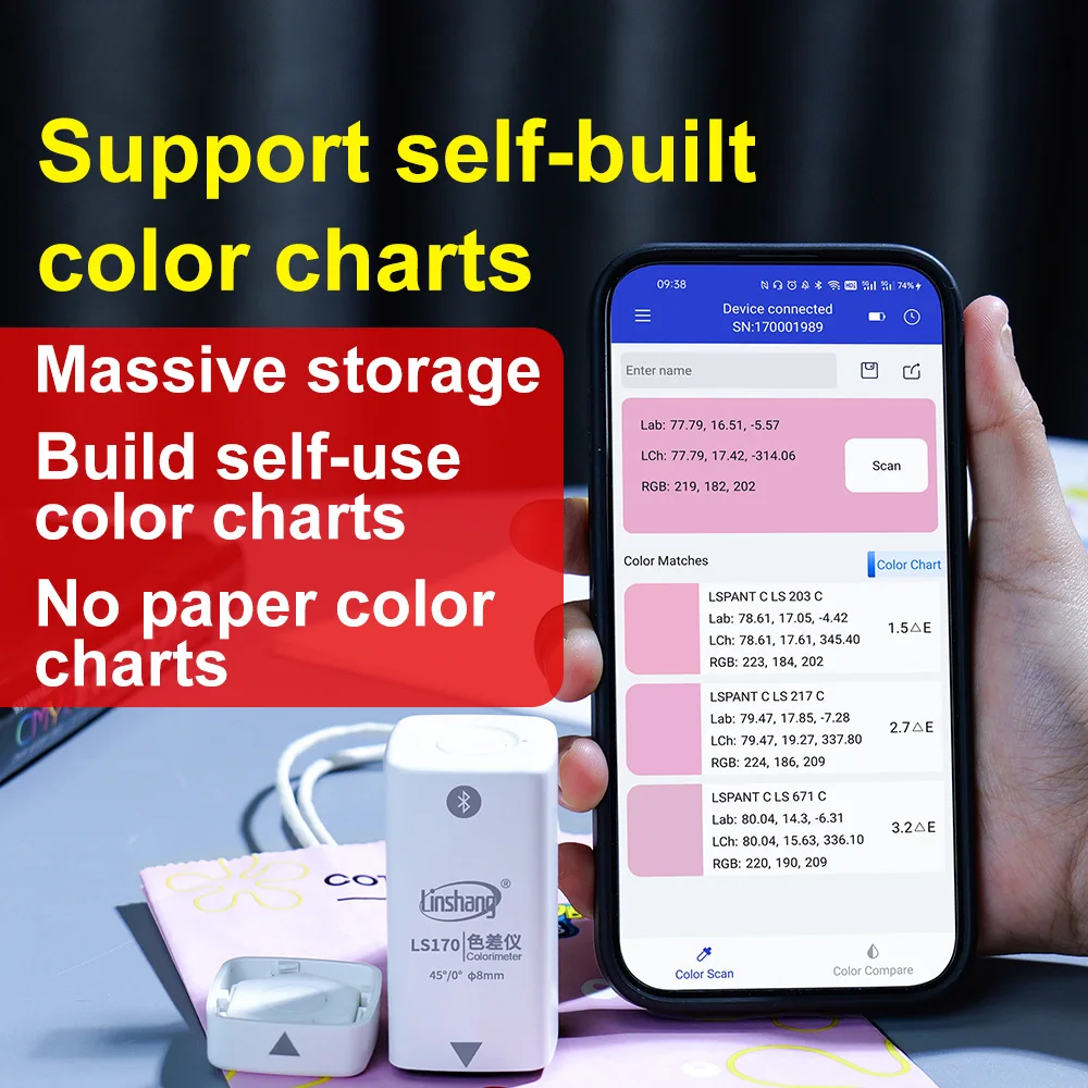 Pocket Colorimeter Digital PantoneC/U/TPG Color Reader Bluetooth CMYK CIE LAB RGB Color Meter for Ink 45/0 LS170 portable colorimeter