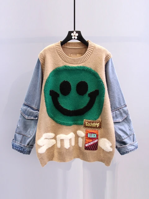 Knitwear Happy Face Jumper Black Y2k Thorn Smiley Face Streerwear