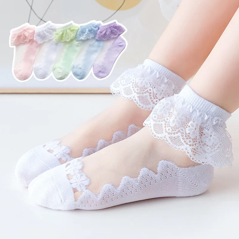 5 Pairs/set 2022 New Summer Thin Mesh Cotton Silk Socks Princess Lace Ruffle Frilly Solid White Ankle Socks for Children Girls