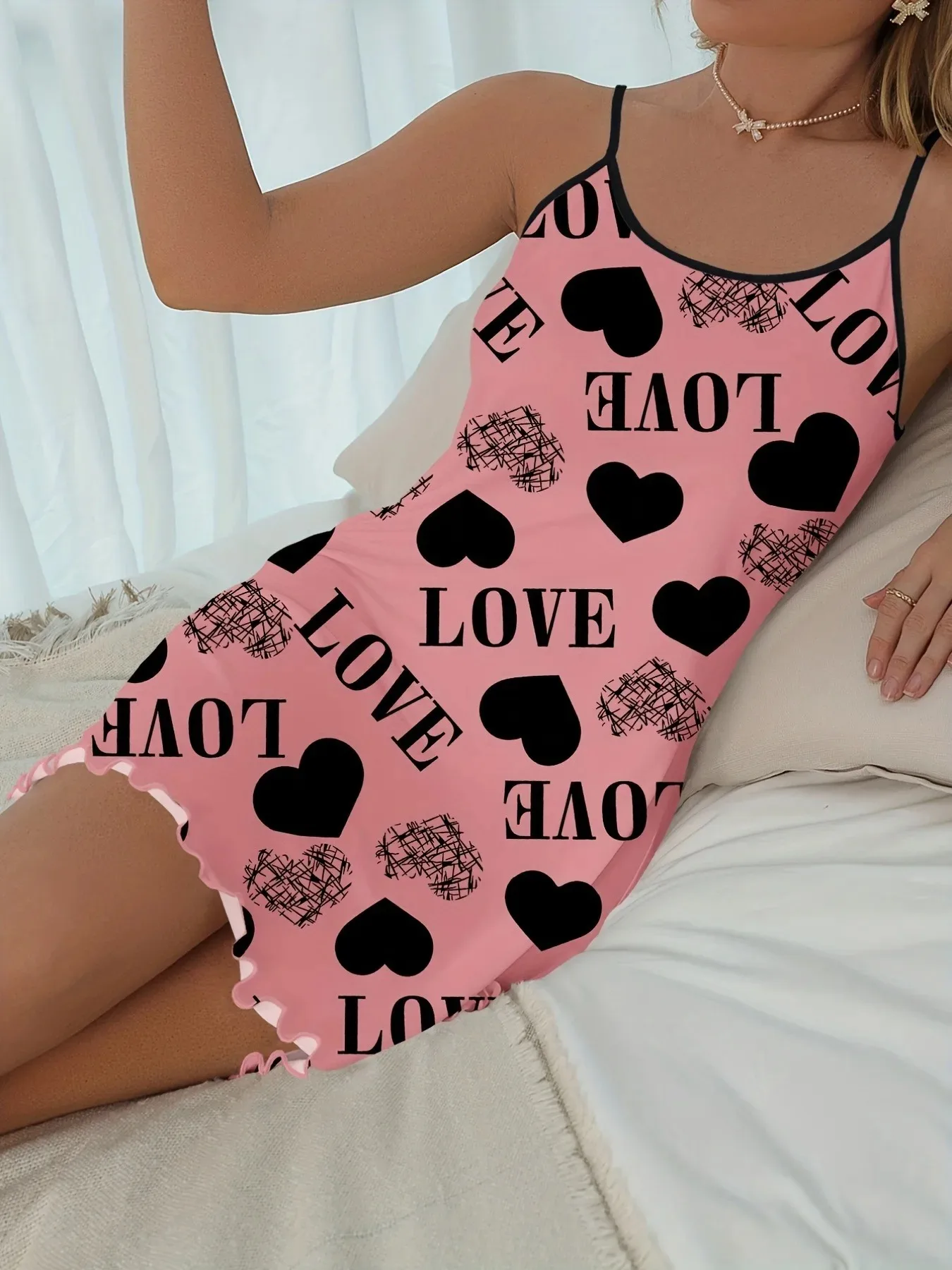 Women Nightgowns Women Nightdresses Sleeping Dress 1 Piece Casual & Comfy Heart & Letter Print Nightdress Lettuce Trim Sexy Slip Short Nightdress Women's Sleepwear Dresses