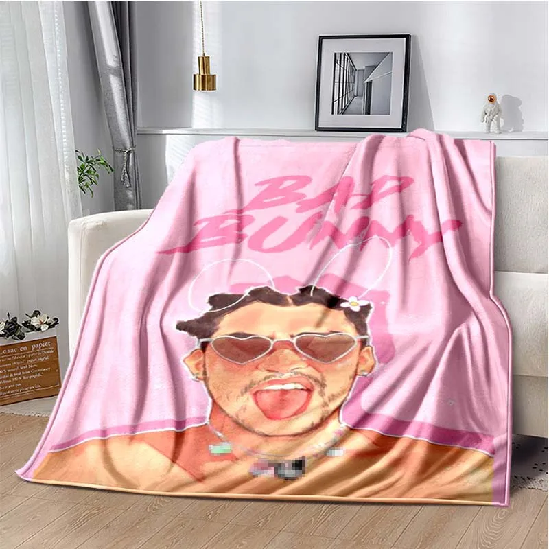 

3D Printing Cartoon Bad Bunny Warm Blanket Popular Rapper Flannel Throw Blanket for Bed Bedroom Sofa Picnic Blanket Gift for Fan