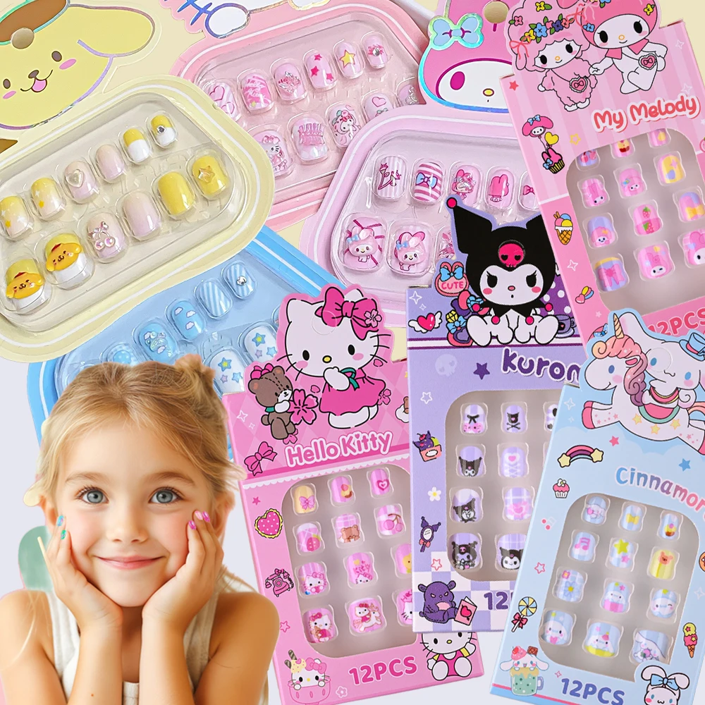 12Pcs Cute Kids False Nails Tips 3D Hello Kitty Kuromi My Melody Cartoon Child Press on Nails Safety Acrylic Wearable Fake Nail