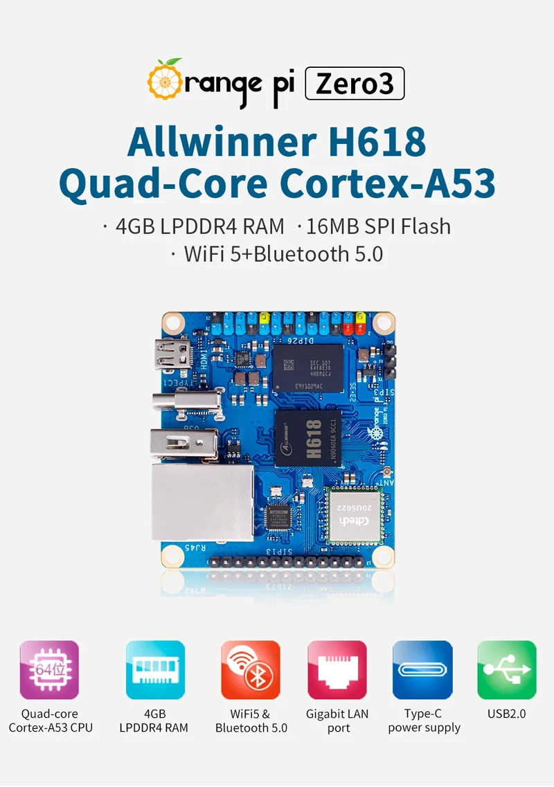 Orange Pi Zero 3 4GB RAM Allwinner H618 WiFi5 + BT 5.0 LPDDR4 16MB SPI Flash Opt