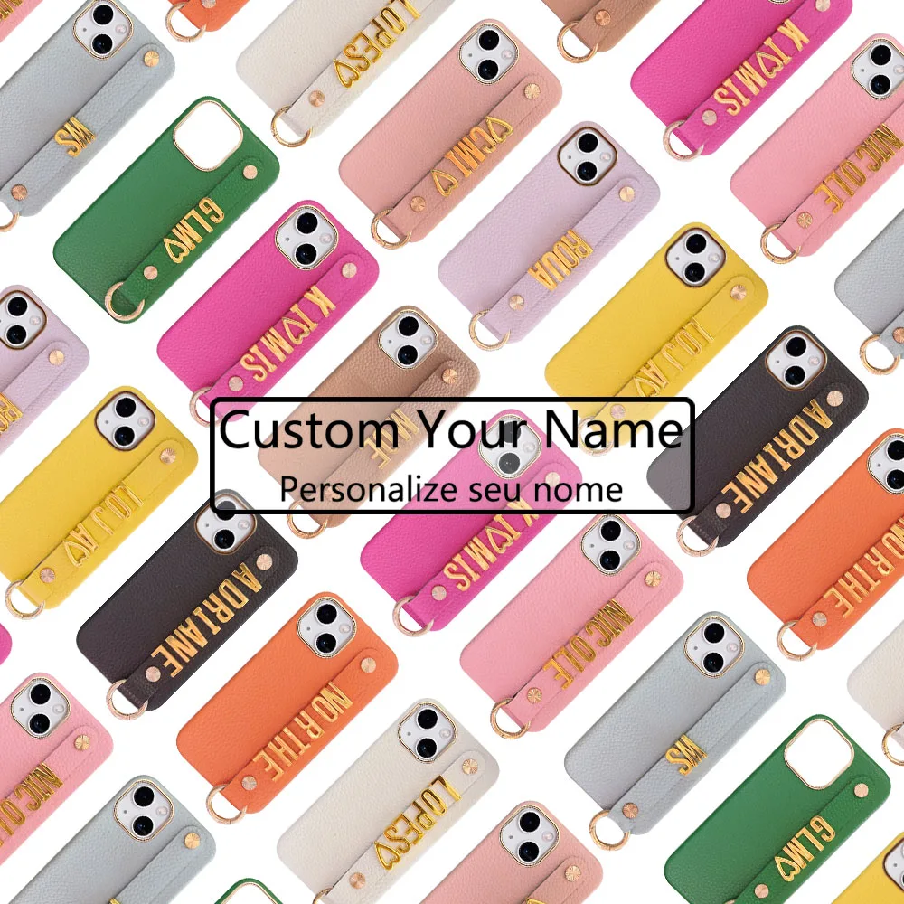 Custodia Per Telefono Con Cinturino In Pelle Personalizzata Personalizzata Di Lusso Con Nome Lettera D'Oro Per Iphone 15 Pro Max 14 13 12 11 Cover Pos