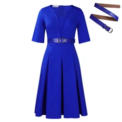 Women's Autumn Fashion Elegant Solid Color Midi Dress - S (Royal blue)