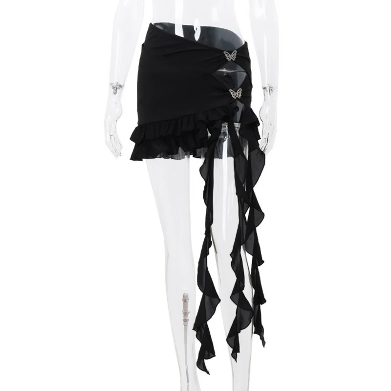 y2k Skirt Women Coquette Clothes Solid Color Low Waist Butterfly Ruffle Trim Mini Skirt 2000s Party Skirts Streetwear _