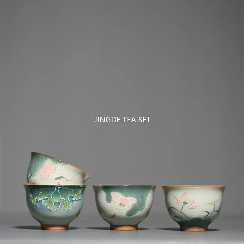 100ml Chinese Tradition Ceramic Tea Cup Handmade Ice-cracking Glaze Lotus Pattern Tea Bowl Teacup Household Teaware Master Cup