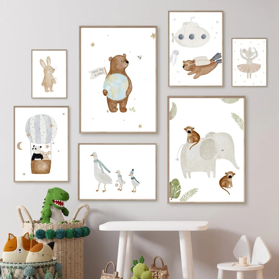 

Boho Cartoon Bear Rabbit Elephant Panda Goose Nursery Wall Art Canvas Painting Posters And Prints Wall Pictures Baby Room Decor