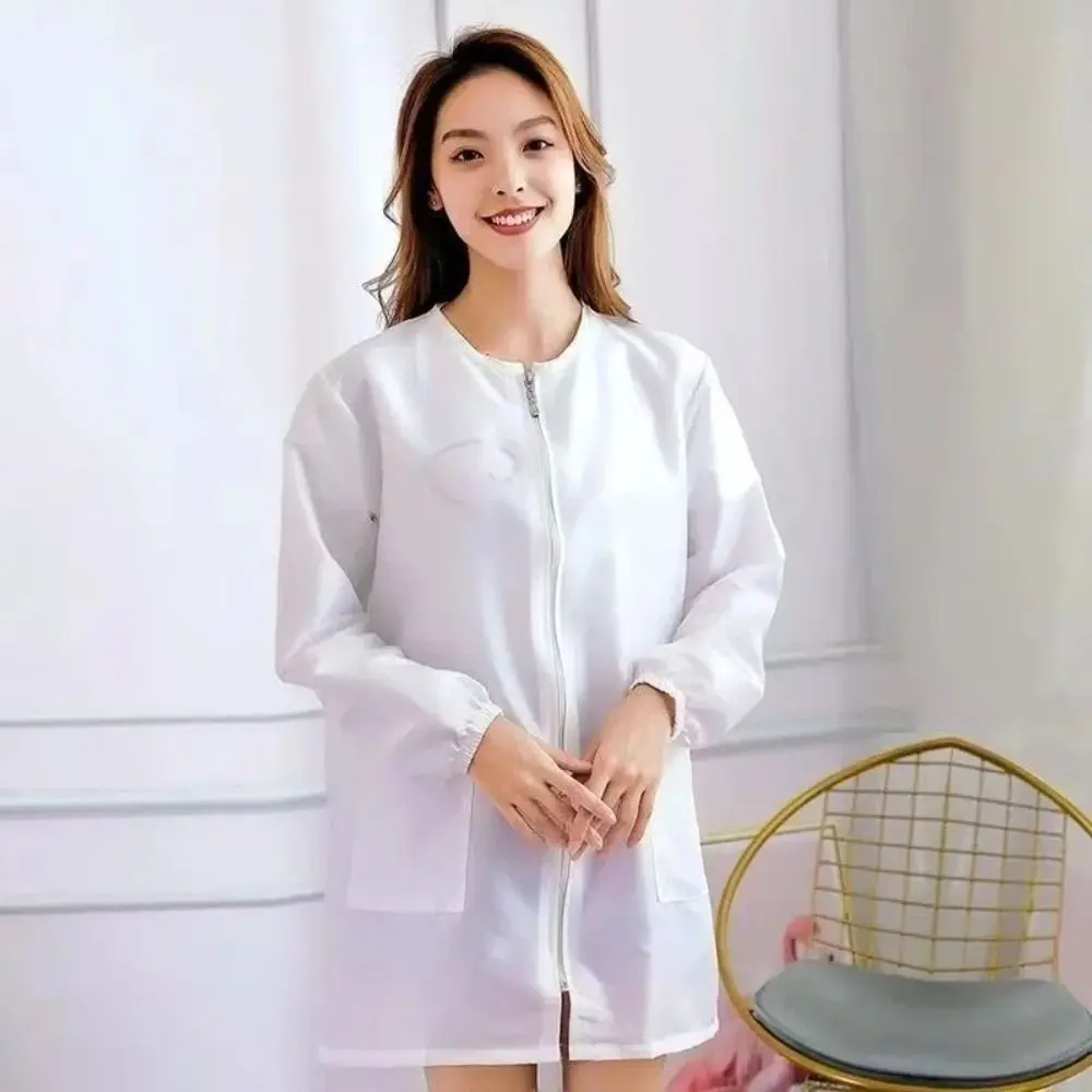 짧은/긴 소매 이발소 작업복 털이 묻지 않는 폴리에스터 미용사 가운 통기성 좋은 지퍼형