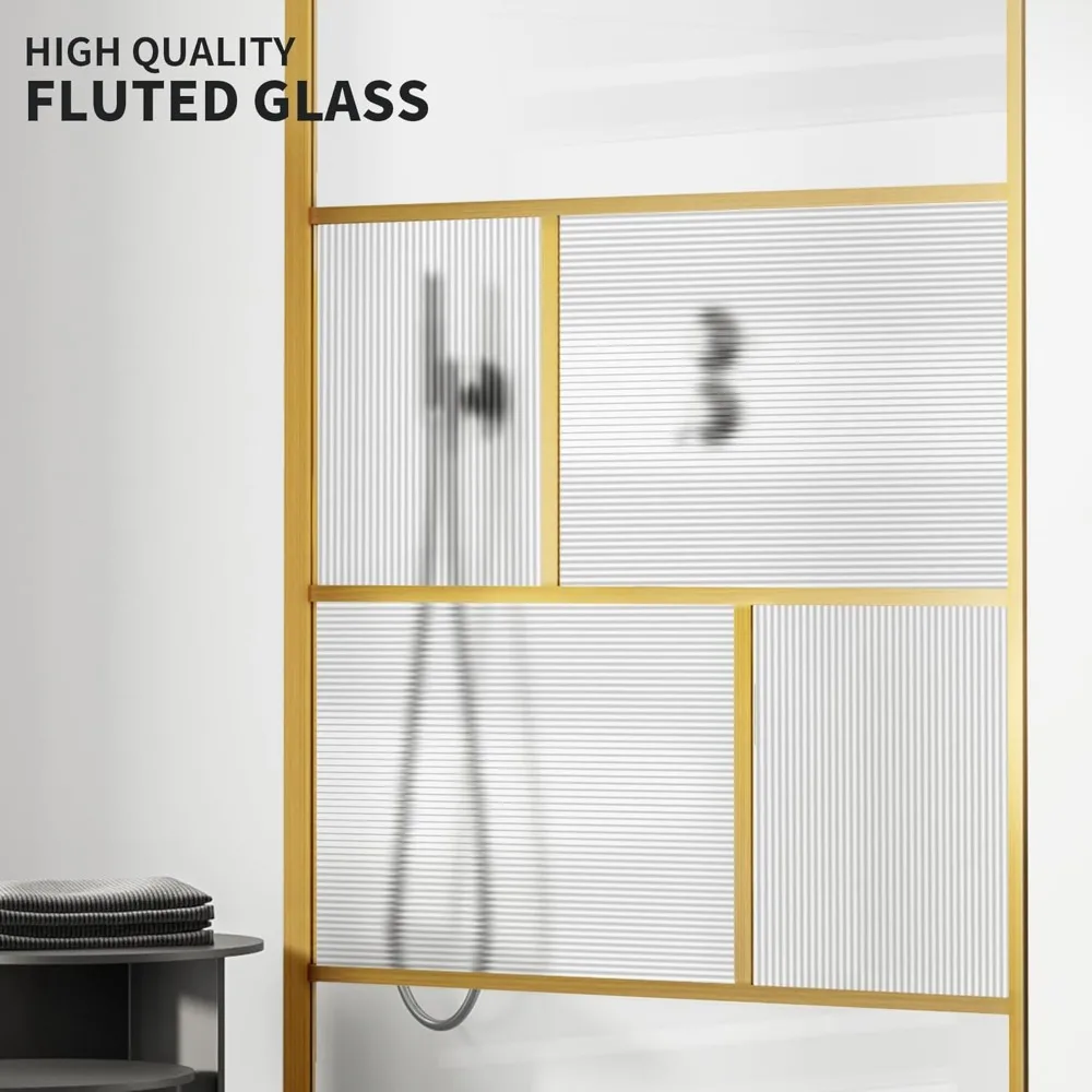 Shower Glass Door, Modern Grid Shower Door 34 * 78 Inch, 5/16"(8mm) Clear Tempered Glass and Fluted Glass Shower Panel 5