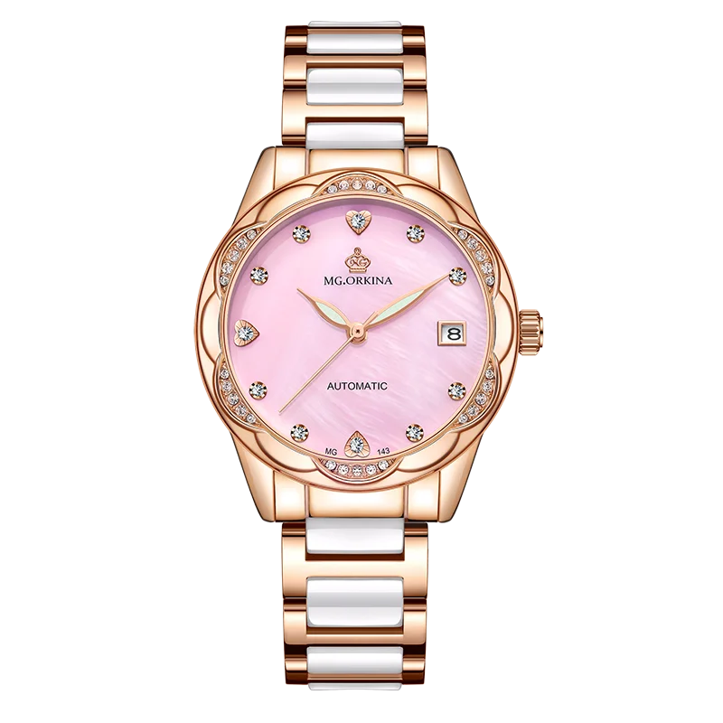 

Automatic Watch for Women Date Mechanical Luxury Pearl Mother Diamond Elements Ladies Dress Wristwatches reloj mujer 2022