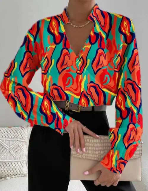 

Fashion Blouse 2023 Autumn New Long Sleeve V-Neck Spliced Fashion Pullovre Basics Female Elegant Shirt Casual Tops