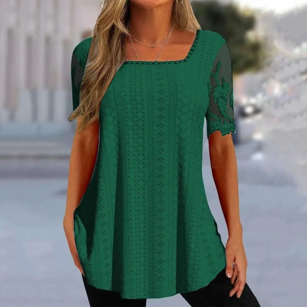 

Stylish Embroidered Lace Patchwork Tee Summer Square Collar Solid Color T-shirt with Short Sleeves Hollow Design Loose for Women