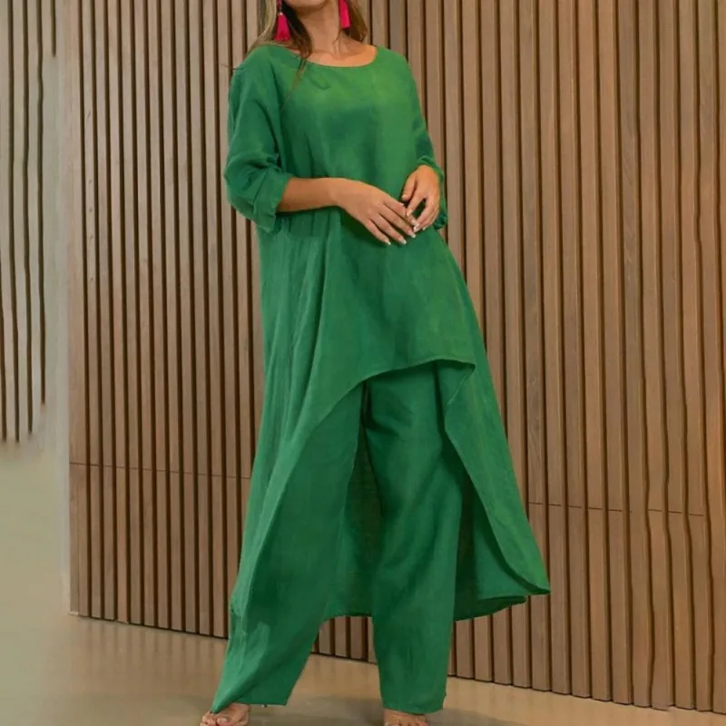 Solid Color Irregular Leisure Fashion O-neck Top and Wide Leg Pant 2 Piece Sets Summer Women High Waist Pants Linen Shirt Set