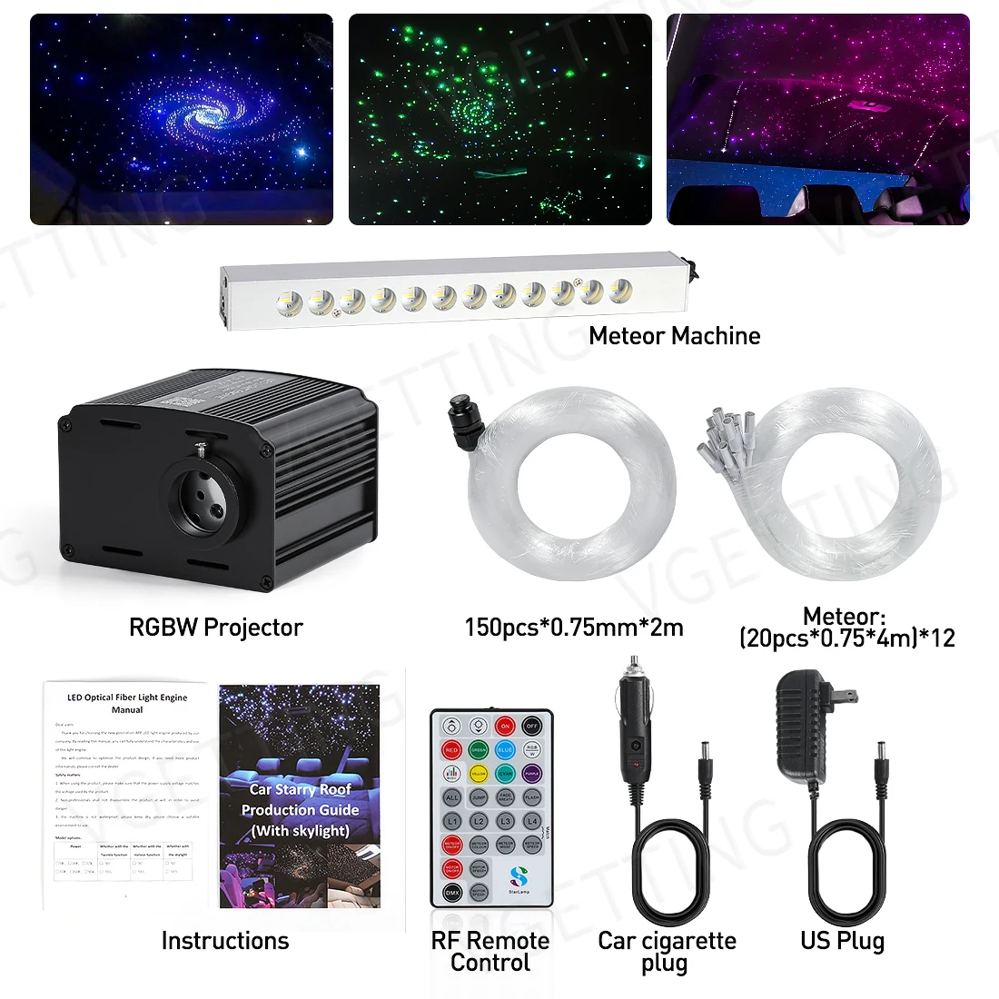 LED 자동차 지붕 별빛, 반짝이는 RGBW 앱 음악 리모컨, 별이 빛나는 하늘, 천장 광섬유 인테리어 분위기 장식, 16W