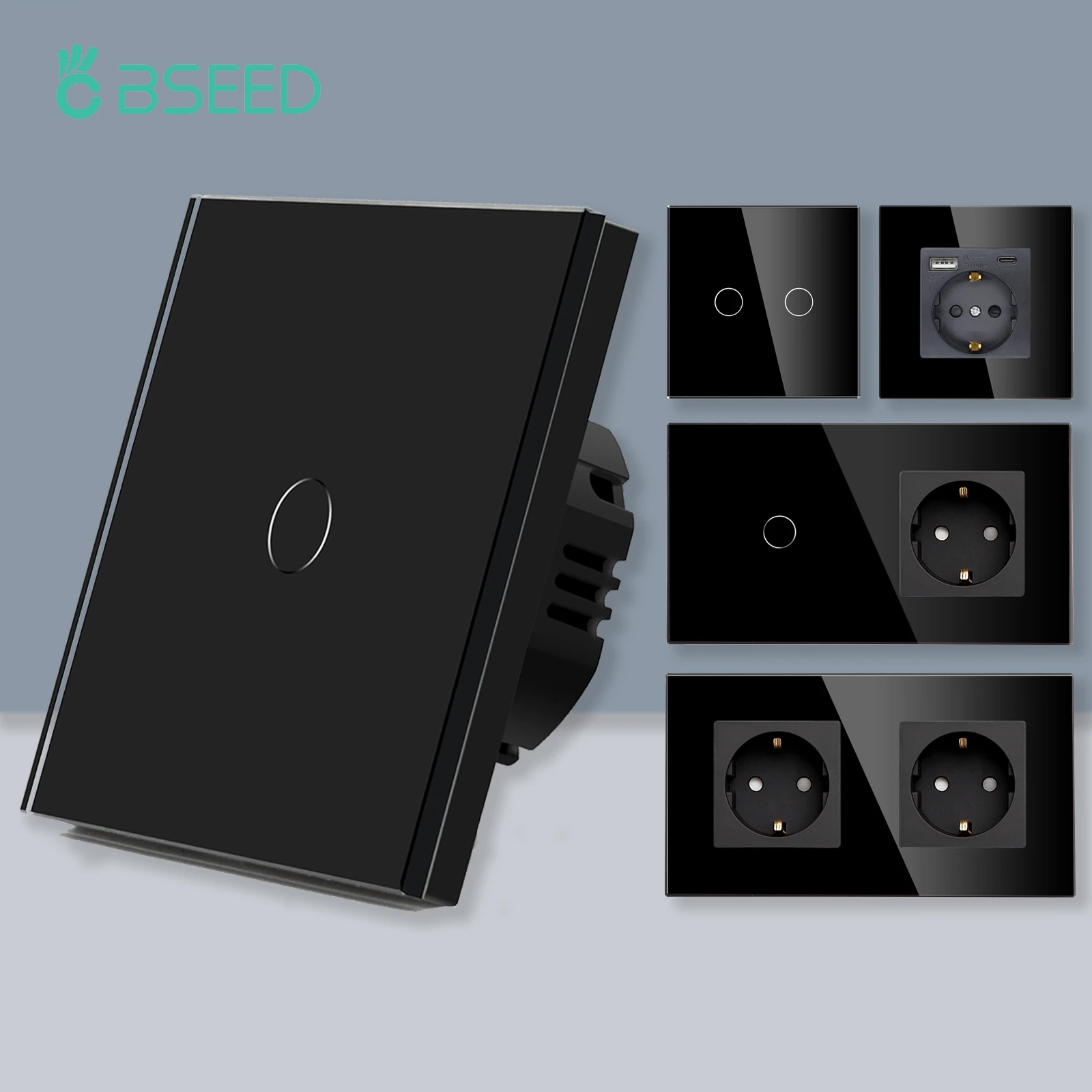 Bseed-touch Sensor Interruptor de Luz 1way Tomada Elétrica Usb Tipo-c Tomada de Vidro Padrão da ue 3gang Preto