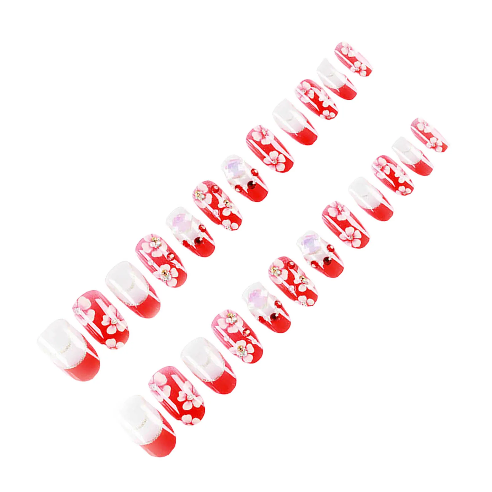 

24pcs Bride Style Fake Nails Tips Flower Pattern Full Cover Oval Nails with Imitation Crystal for Women Manicure Nail Decoration