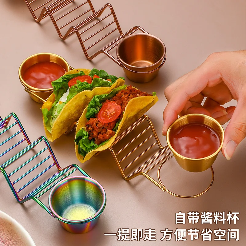 Stainless Steel Taco Holder Set Taco Shell Holder Stand with 2 Sauce Cups Stand Hold 3 Tortillas Kitchen Gadget