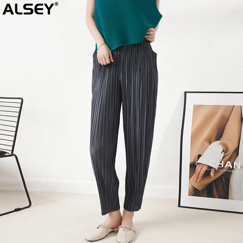 

ALSEY Miyake Pleated Casual Calf Pants for Women Autumn Wide Leg Pants Draped Simple High Waist Slim Haren Nine Minute Pants