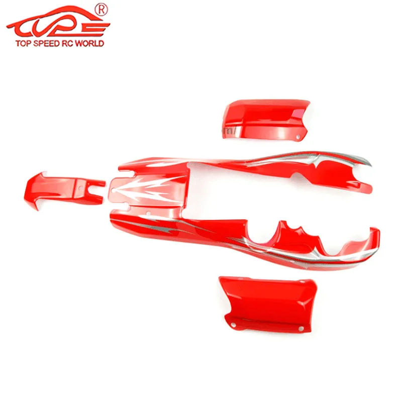 Coque de carrosserie pour voiture RC 1/5 HPI Rovan Kingmotor Mcd BAJA 5B SS vue arrière en rouge et noir.