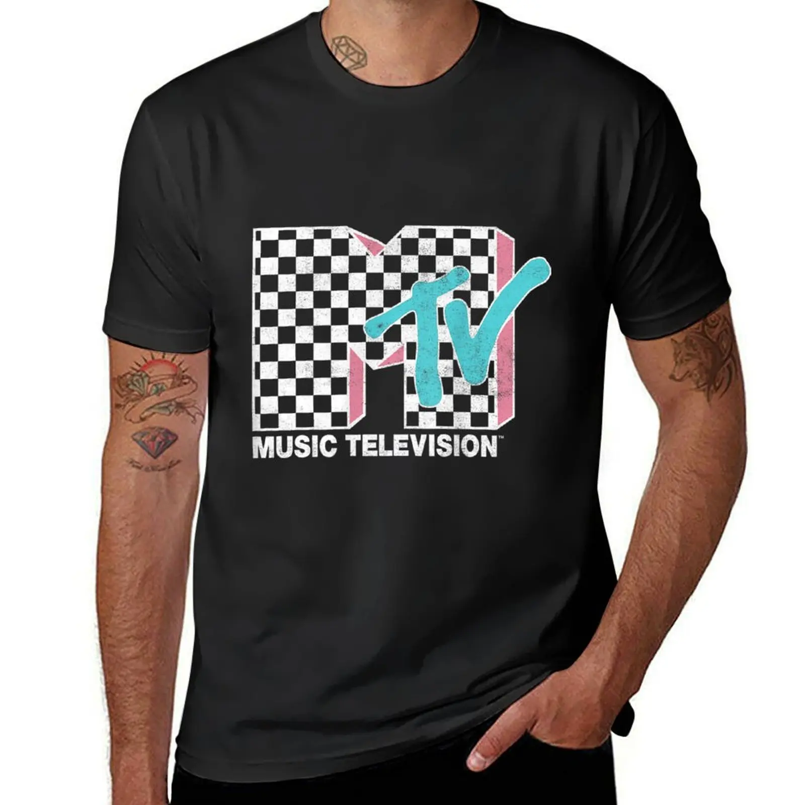 

MTV Neon Distressed Checkered Logo T-Shirt korean fashion animal prinfor boys Blouse heavyweight t shirts for men