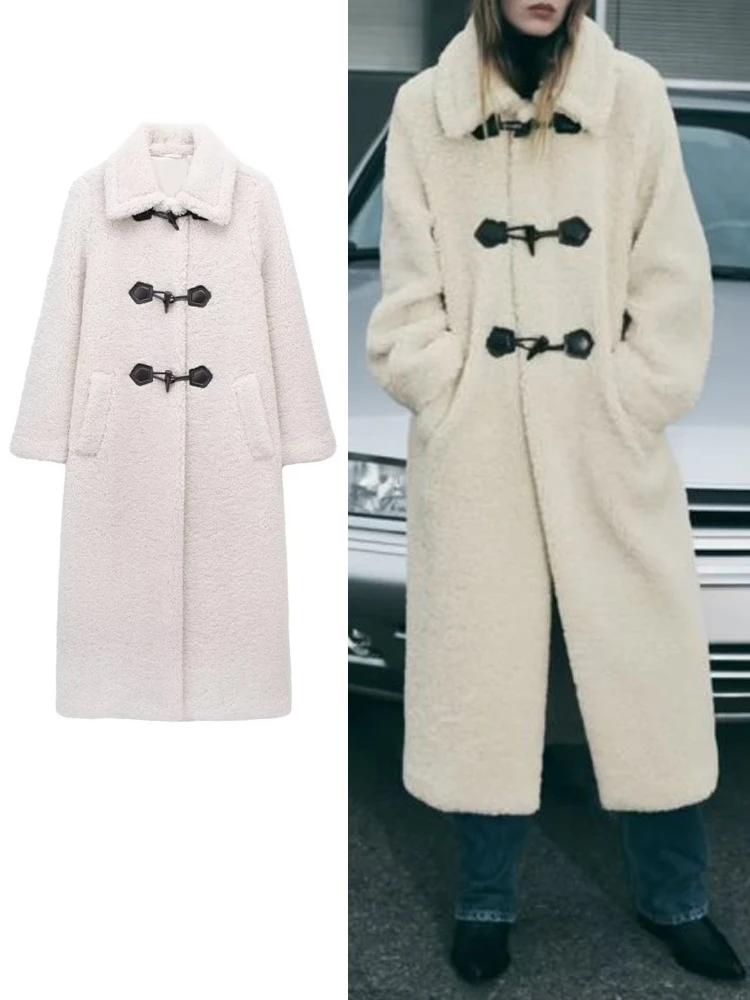 

TRAF Women Fashion Faux Fur Long Jacket Coats 2023 New Autumn Winter Female Casual Turn-Down Colla Trench Women's Clothing