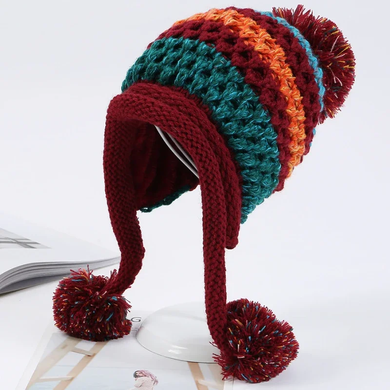 New Winter Knitted Hats Women Patchwork Pompon Balls Earflap Caps Ladies Warm Thick Winter Beanies Female Beanie Hat 5