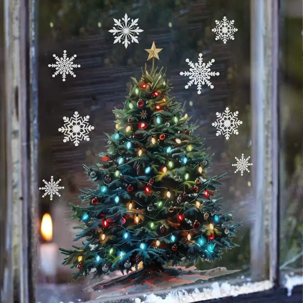 Christmas Decoration Stickers Cartoon Santa Claus Xmas Tree Snowman Elk Window Glass Static Stickers Happy New Year Decor