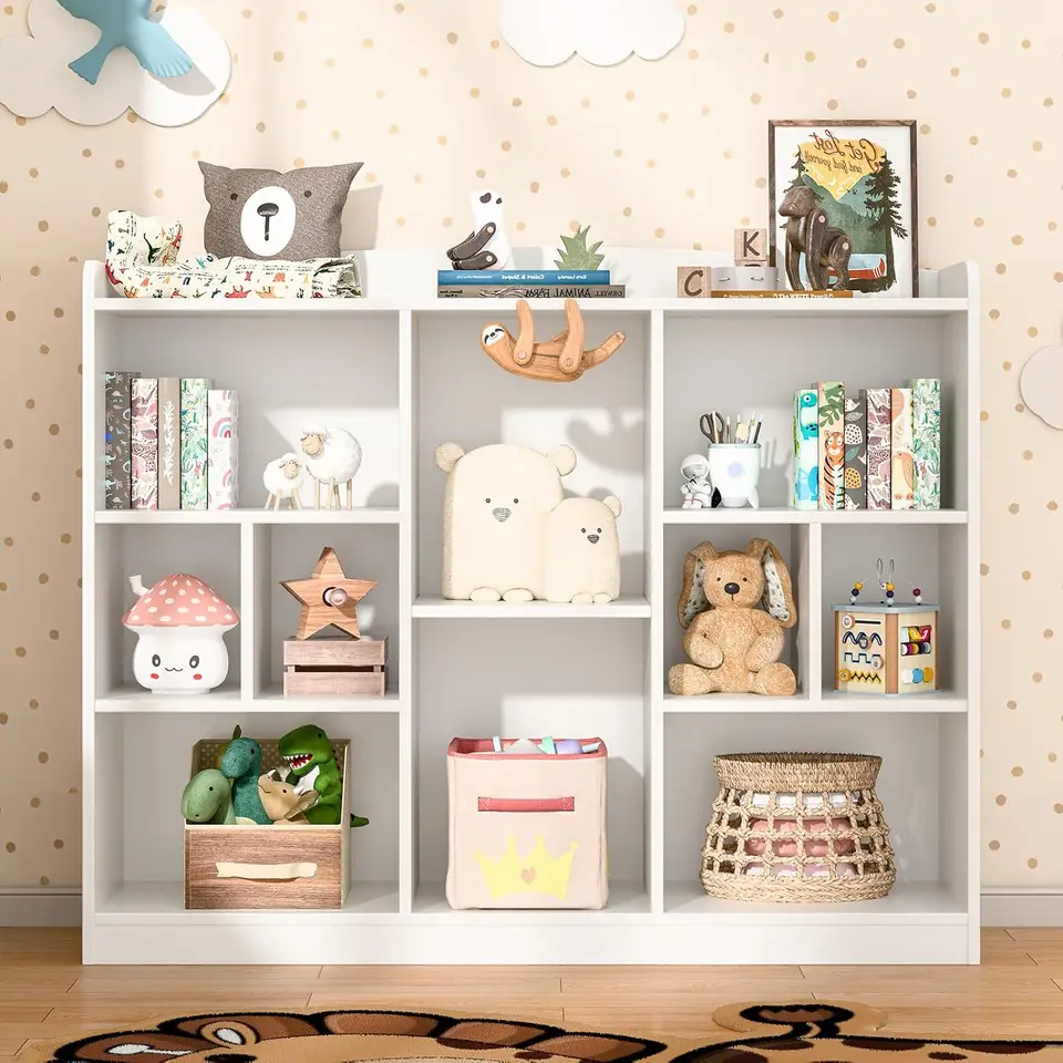 Wooden Kids Bookcase with Storage Shelves for Toys