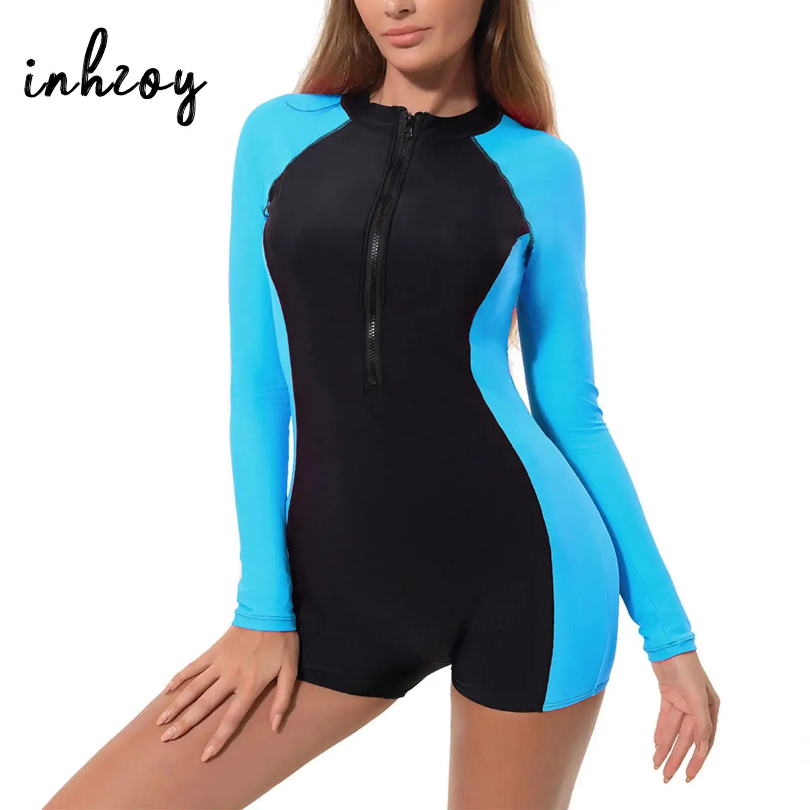 

Womens Surf Rash Guard Swimsuit Color Block Patchwork One Piece Boyleg Swimwear Sun Protection Long Sleeve Padded Zipper Wetsuit