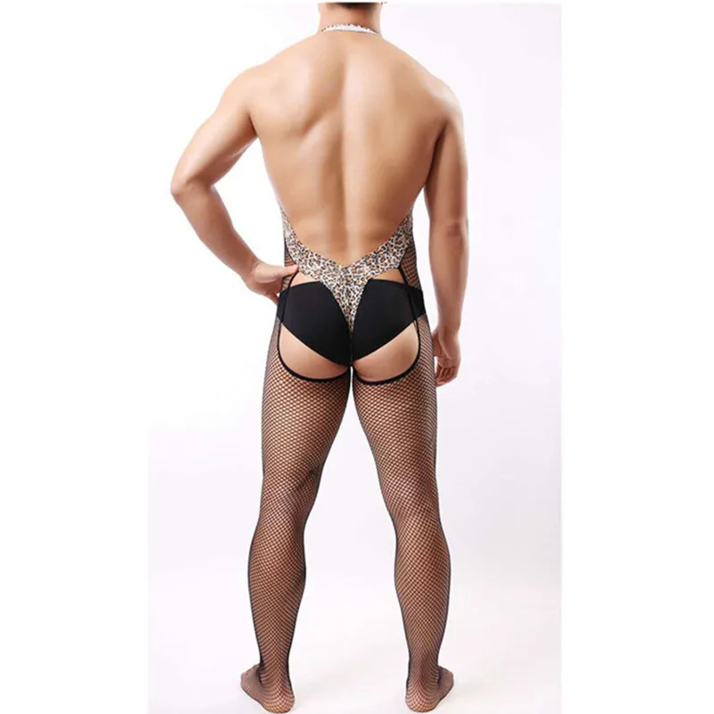 Men's one-piece hosiery Men's tights Leopard print ultra-thin high stretch hosiery men's front and back cutout crotch one-piece