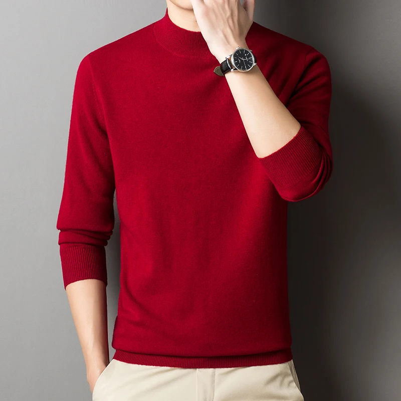 

Mens Mock Neck Ture 100% Sheep Wool Clothes Autumn & Winter Solid Warm Sweater Long Sleeve Jumpers Male Pure Wool Knitwear
