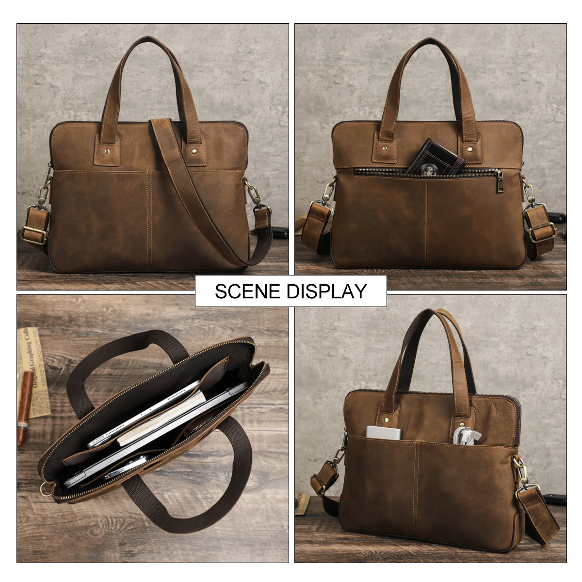 Retro Leather Laptop Bag With Strap For Macbook M2 M1 Air 13 Pro 14 15 16 Inch Case Handbag Men Business Shoulder Crossbody Bag