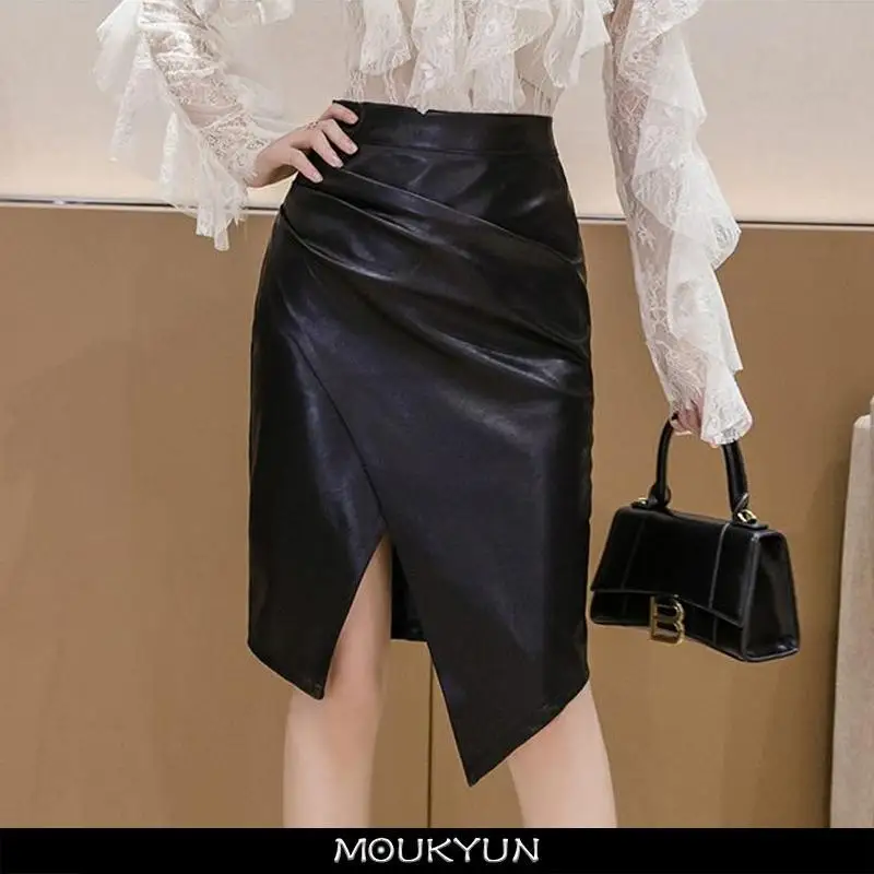 

MOUKYUN Women's PU Leather Skirt Fashion Office Ladies Irregualer High Waist Slim Midi Length Women's Skirts Female