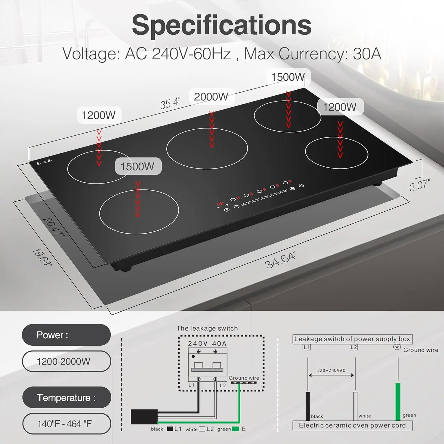 Induction Cooktop, with 5 Burners Desktop Built-in , 7400W 240V Induction  9 Power,Levels Sensor Touch 6