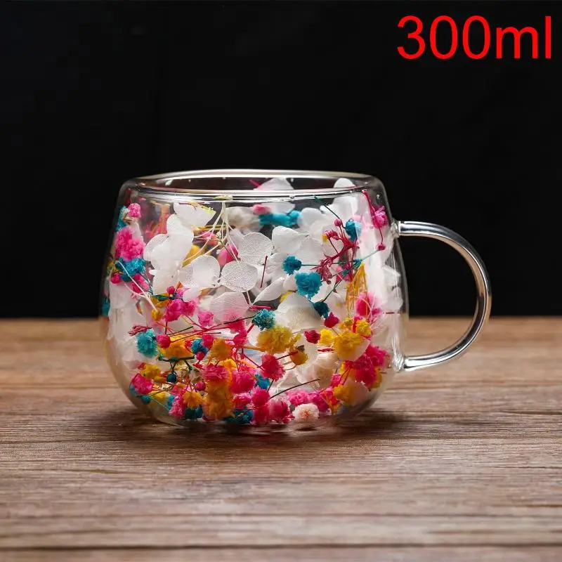 Elegant Double-Layer Glass Cup with Dried Flower Embellishment, Heat-Resistant