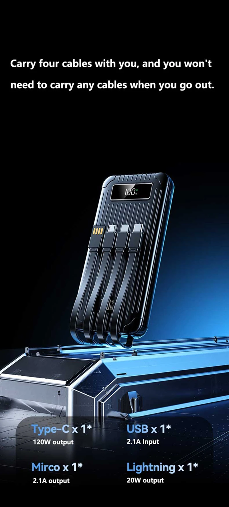 High Capacity Power Bank 100000mah Super Fast Charging With Cables_voghion.com