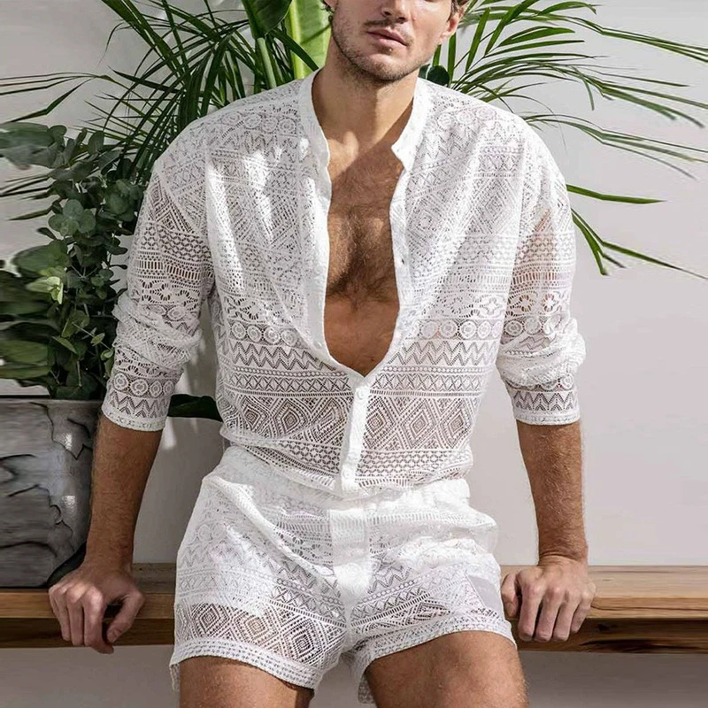 Nightwear Mens Sexy Pajamas Sets 2025 Summer Leisure Hollow Out Embroidery Mesh Two Piece Suits Fashion Tops And Shorts Outfits