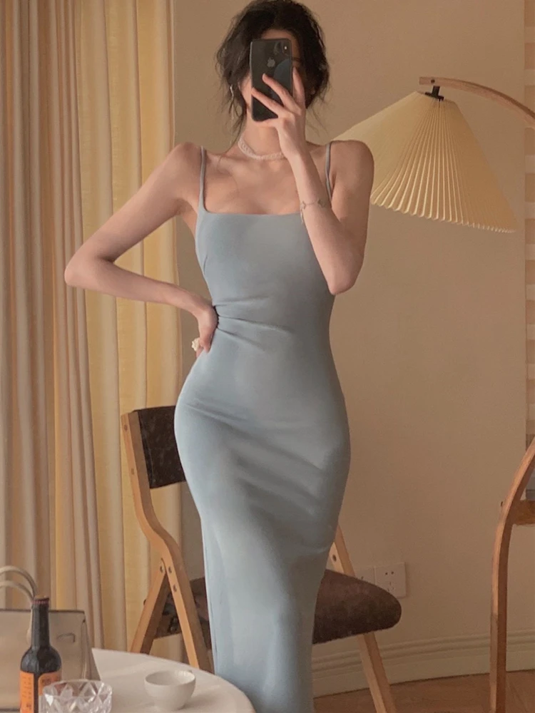 

Sleeveless Midi Bodycon Dress Summer Women Elegant Spaghetti Strap Solid Dresses Clothing Femme Fashion Robe Vestidos